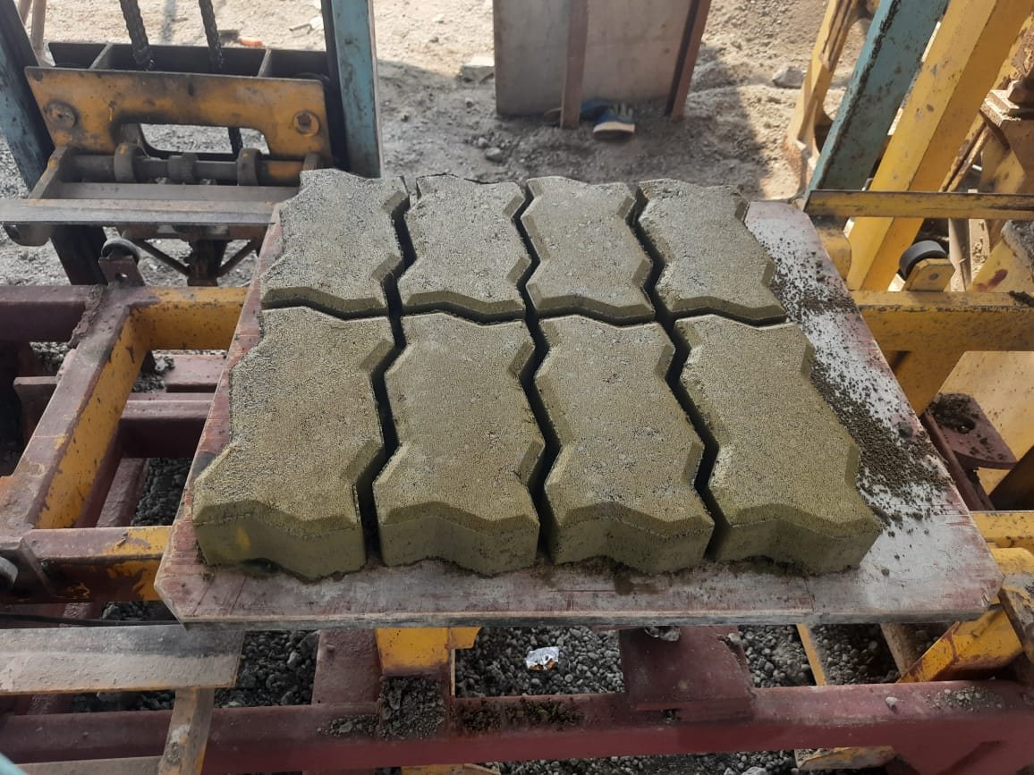 Freshly pressed unipavers on a pallet at the site plant, Dhamra